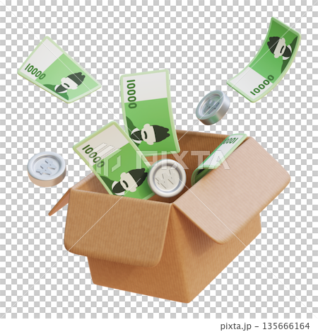 3D Render of 10,000 Korean Won Bills Popping Out of a Delivery Box 135666164