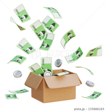 3D Render of 10,000 Korean Won Bills Popping Out of a Delivery Box 135666165