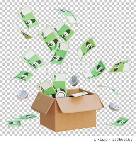 3D Render of 10,000 Korean Won Bills Popping Out of a Delivery Box 135666165