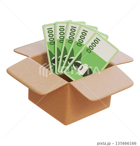 Korean 10,000 Won Banknotes Inside a Cardboard Parcel Box, 3D Illustration 135666166
