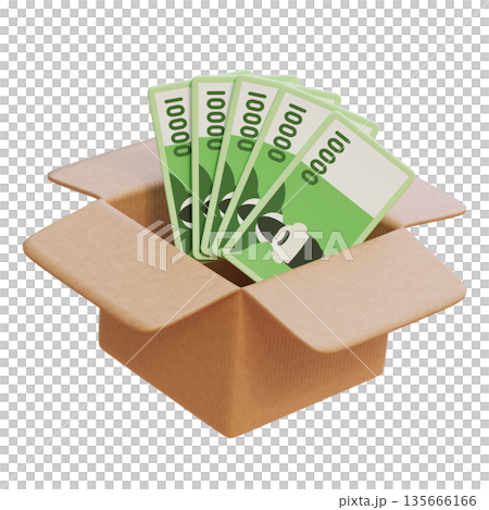 Korean 10,000 Won Banknotes Inside a Cardboard Parcel Box, 3D Illustration 135666166