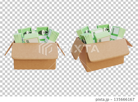 Stacks of Korean 10,000 Won Cash Bundles in a Shipping Box, 3D Graphic 135666167