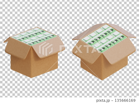 Delivery Box Full of Stacks of Korean 10,000 Won Bills, High Angle 3D Render 135666169