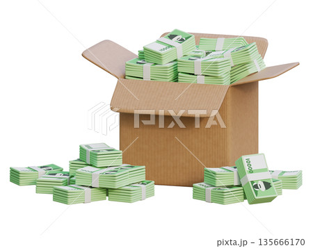 Delivery Box Full of Stacks of Korean 10,000 Won Bills, High Angle 3D Render Delivery Box Full of Stacks of Korean 10,000 Won Bills, High Angle 3D Render 135666170