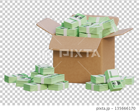 Delivery Box Full of Stacks of Korean 10,000 Won Bills, High Angle 3D Render Delivery Box Full of Stacks of Korean 10,000 Won Bills, High Angle 3D Render 135666170