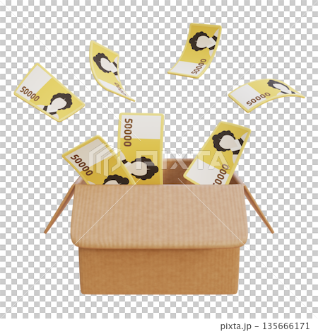 3D Rendering of 50,000 Korean Won Bills Bursting Out of a Courier Box 135666171
