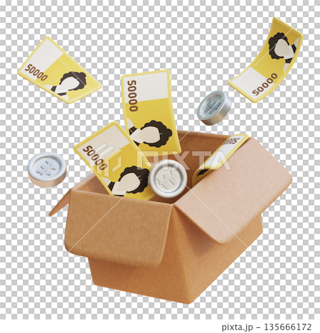 3D Rendering of 50,000 Korean Won Bills Bursting Out of a Courier Box 3D Rendering of 50,000 Korean Won Bills Bursting Out of a Courier Box 135666172