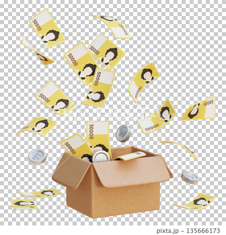 3D Rendering of 50,000 Korean Won Bills Bursting Out of a Courier Box 135666173