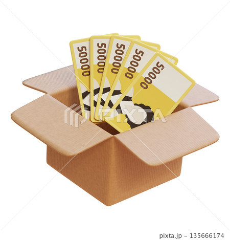 Korean 50,000 Won Currency Notes Inside a Brown Parcel Box, 3D Image 135666174