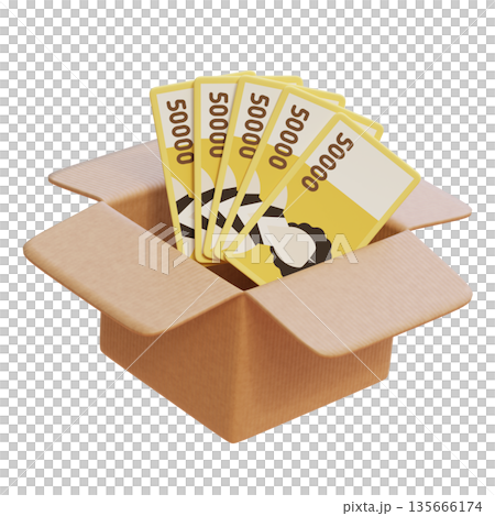 Korean 50,000 Won Currency Notes Inside a Brown Parcel Box, 3D Image 135666174