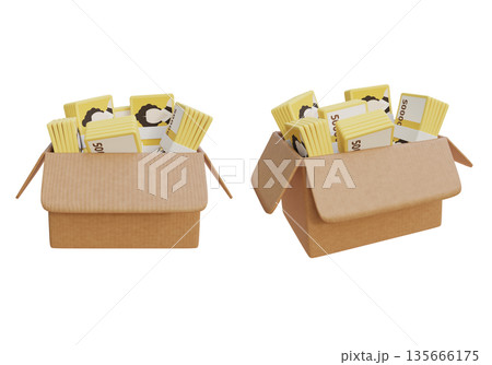 Bundles of Korean 50,000 Won Banknotes Stashed in a Delivery Box, 3D Graphic 135666175
