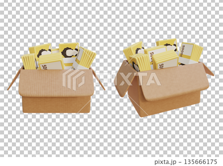 Bundles of Korean 50,000 Won Banknotes Stashed in a Delivery Box, 3D Graphic 135666175