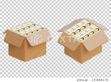Cardboard Box Overflowing with Stacks of Korean 50,000 Won Cash, 3D Illustration 135666176