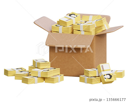 Cardboard Box Overflowing with Stacks of Korean 50,000 Won Cash, 3D Illustration 135666177