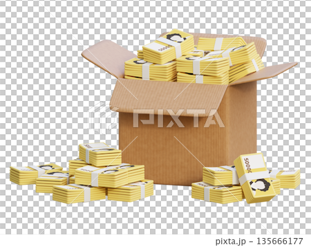 Cardboard Box Overflowing with Stacks of Korean 50,000 Won Cash, 3D Illustration 135666177
