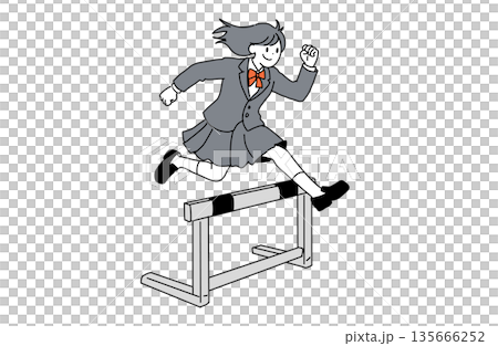 Illustration of a female student overcoming a hurdle. Growth and success. Hand-drawn line drawing. Vector material. Illustration of a female student overcoming a hurdle. Growth and success. Hand-drawn line drawing. Vector material. 135666252