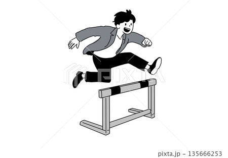 ハードルを乗り越える若い男性のイラスト　ビジネスの成長と解決　手書き線画　ベクター素材 135666253
