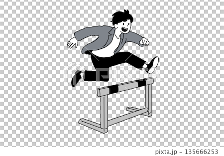 ハードルを乗り越える若い男性のイラスト　ビジネスの成長と解決　手書き線画　ベクター素材 135666253