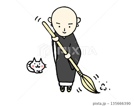 掃除するお坊さんのイラスト 掃除するお坊さんのイラスト 135666390