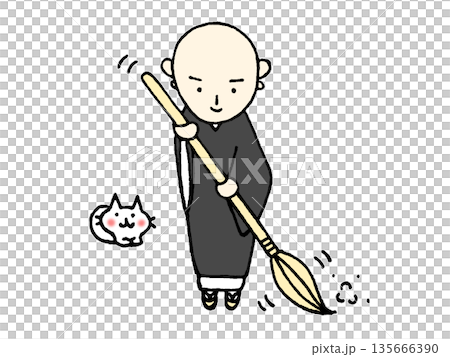 掃除するお坊さんのイラスト 掃除するお坊さんのイラスト 135666390