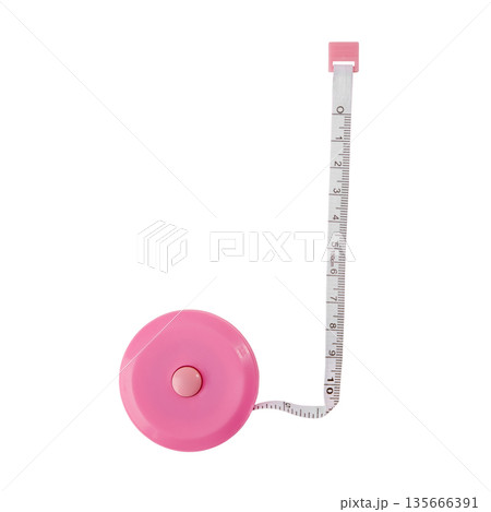 A pink measuring tape with a round pink body and a flexible tape with a graduated scale extending from it. The tape is light-colored with dark markings and points vertically upward. 135666391