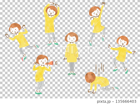 Illustration set of a woman wearing yellow casual clothes and with various expressions and poses 135666403