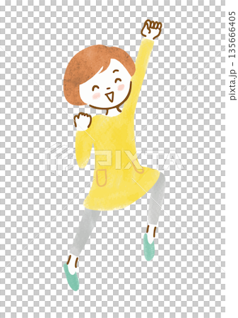 ガッツポーズでジャンプする女性のイラスト ガッツポーズでジャンプする女性のイラスト 135666405