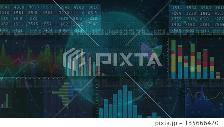 Displaying 3D globe streaming binary code in analytics dashboard, with bar and line graphs, tables Displaying 3D globe streaming binary code in analytics dashboard, with bar and line graphs, tables 135666420