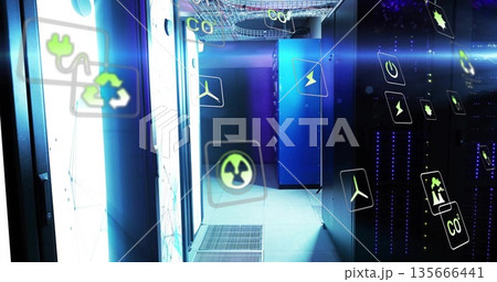 Glowing central server rack unit humming in data center aisle, with floating renewable energy icons 135666441