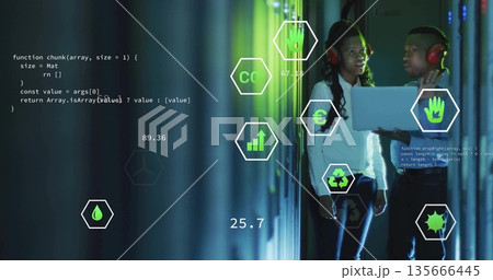 IT pros wearing red headphones conferring in datacenter with racks laptop hexagon icons, copy space 135666445