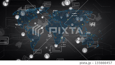 Showing network map interface on dark grid featuring user icons, chat bubbles and connecting lines Showing network map interface on dark grid featuring user icons, chat bubbles and connecting lines 135666457
