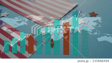 Displaying world map with teal or orange bars and white or magenta lines and striped card stars on t 135666494