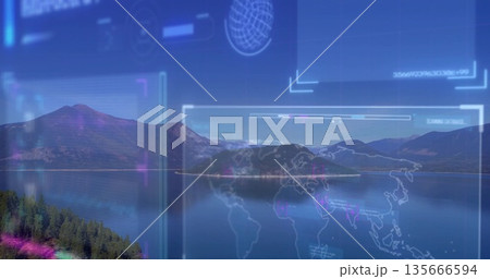 Displaying mountain lake in valley, with digital panels, grid overlays, world map and scanning data 135666594