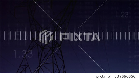 Showing lattice towers with power lines against rural dusk sky, equalizer bar and numeric overlays 135666656