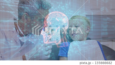 Examining dentist wearing white coat leaning toward child in bib at dental clinic, digital overlay Examining dentist wearing white coat leaning toward child in bib at dental clinic, digital overlay 135666682