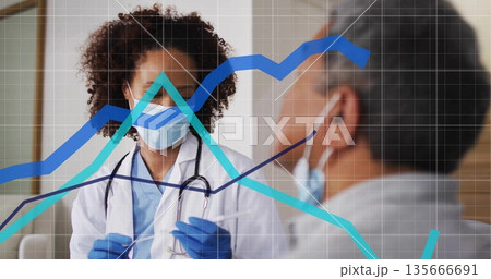 Clinician collecting nasal swab in clinic room with stethoscope gloves masks and data overlay 135666691