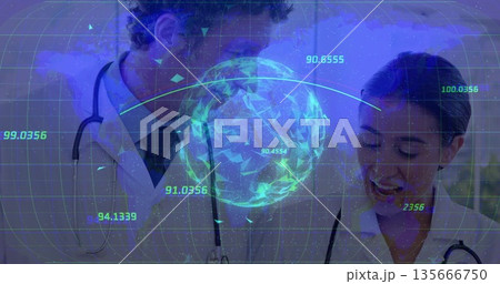 Male and female physicians analyzing holographic globe in lab, wearing stethoscopes, with data grid Male and female physicians analyzing holographic globe in lab, wearing stethoscopes, with data grid 135666750