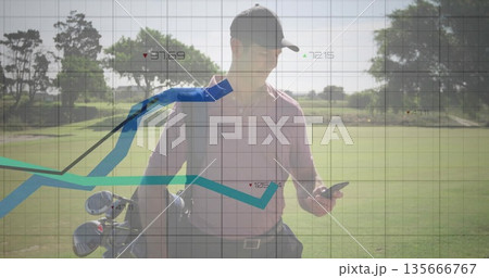 Analyzing smartphone data overlay, middle-aged golfer in pink polo carrying golf bag on fairway Analyzing smartphone data overlay, middle-aged golfer in pink polo carrying golf bag on fairway 135666767
