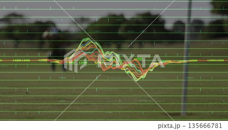 Bowling mature man on grass field wearing white shirt and cap, with waveform overlay, copy space 135666781