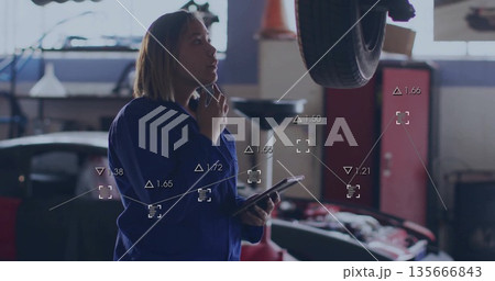 Female auto technician in coverall holding tablet while speaking on smartphone in garage, with tire Female auto technician in coverall holding tablet while speaking on smartphone in garage, with tire 135666843