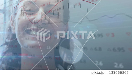 Woman wearing headphones analyzing financial data in digital background, with charts 135666865