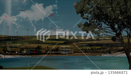 Spinning white wind turbines powering landscape at lakeside, with passing airplane, digital overlay 135666871
