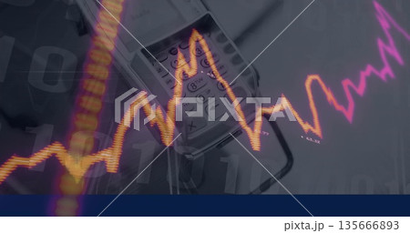 Displaying point-of-sale terminal on desk with card slot, glowing chart lines binary overlay Displaying point-of-sale terminal on desk with card slot, glowing chart lines binary overlay 135666893