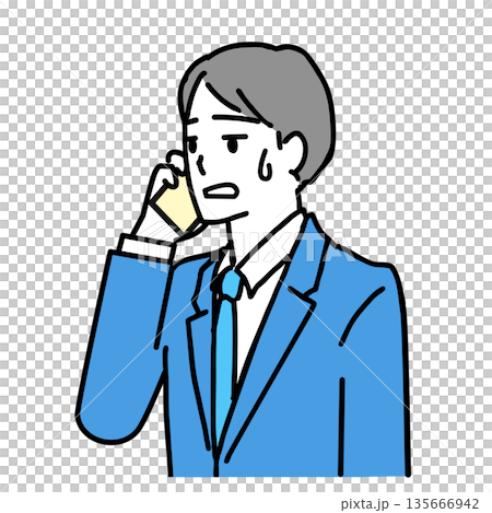 Illustration of a young man in a suit talking on a smartphone with a displeased expression 135666942