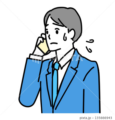 スマホで会話中に困っているスーツ姿の若い男性のイラスト スマホで会話中に困っているスーツ姿の若い男性のイラスト 135666943
