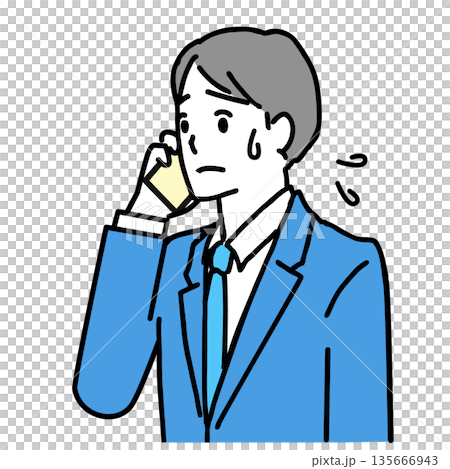 Illustration of a young man in a suit having trouble while talking on a smartphone 135666943