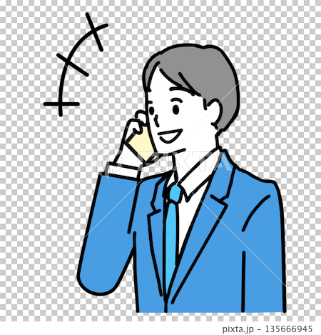 Illustration of a man in a suit smiling and talking on a smartphone 135666945