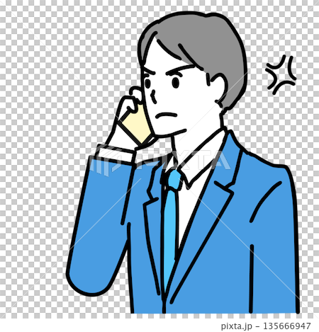Illustration of a young man in a suit making a phone call with an angry expression Illustration of a young man in a suit making a phone call with an angry expression 135666947
