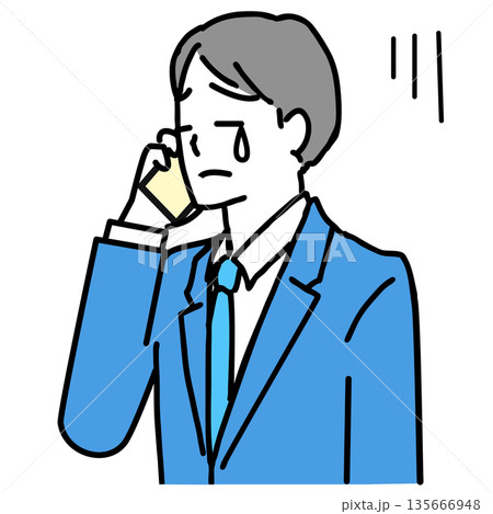 スマホで電話中に泣いている若いビジネスマンのイラスト スマホで電話中に泣いている若いビジネスマンのイラスト 135666948