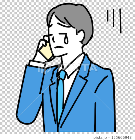 Illustration of a young businessman crying while on the phone Illustration of a young businessman crying while on the phone 135666948